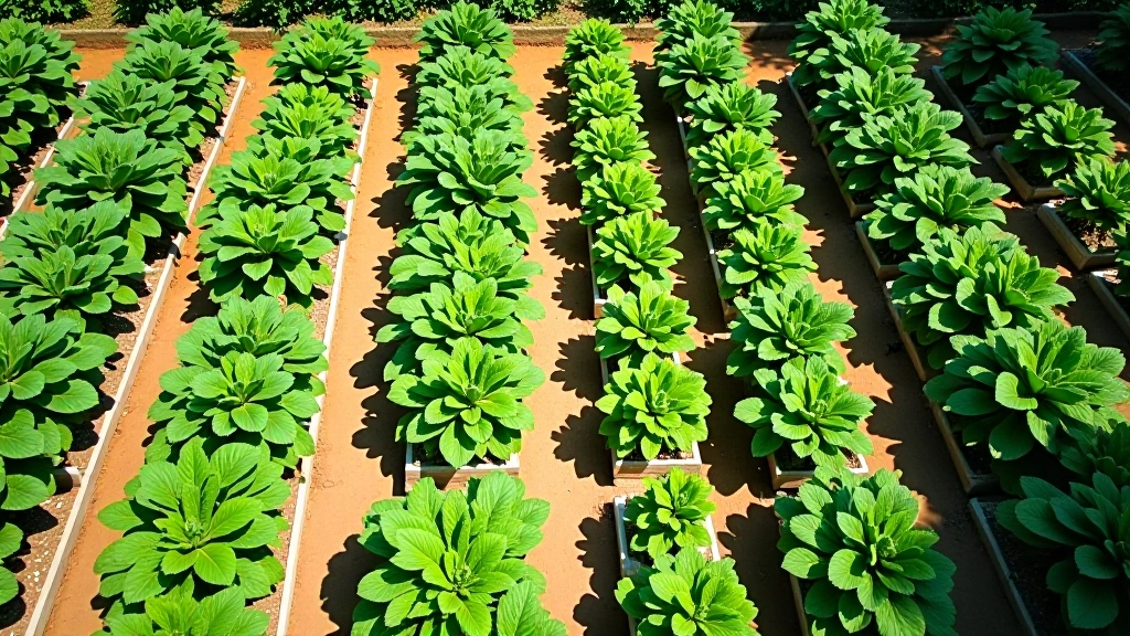 Aerial view of community garden plots with organized rows of vegetables and pathways between beds
