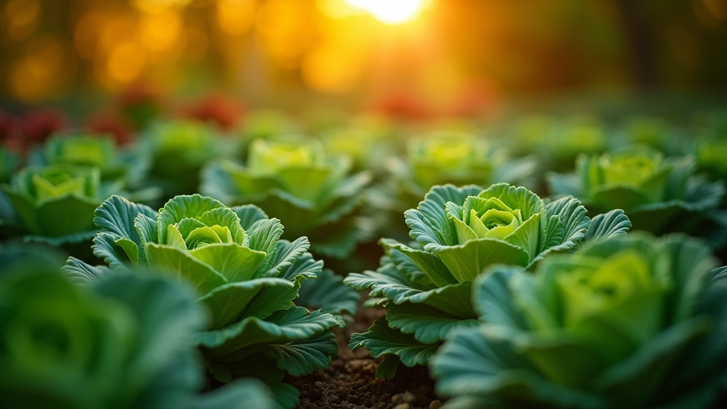 Autumn vegetable garden with kale, cabbage plants, golden afternoon light, leaves beginning to change color, harvest-ready vegetables