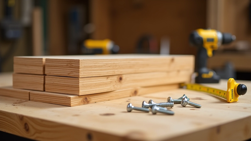 Cedar wood boards stacked with screws and tools ready for assembly on wooden workbench
