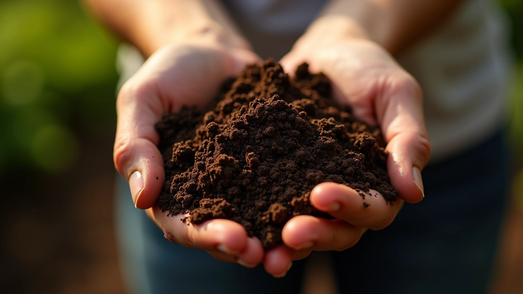 Rich dark garden soil with compost, close-up of texture showing organic matter and earth composition