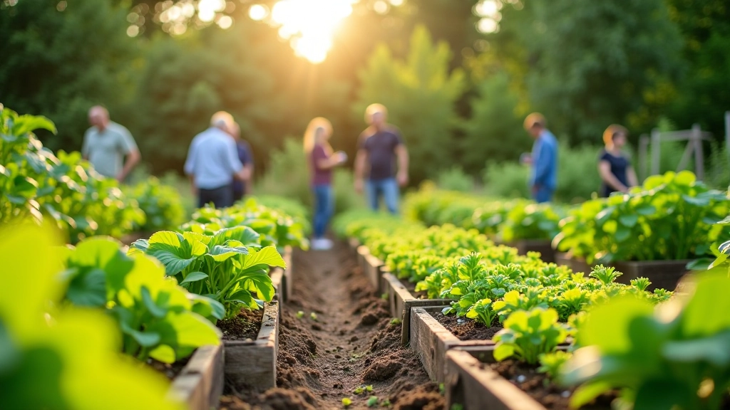Community members tending to vegetable gardens and raised beds in Alytus