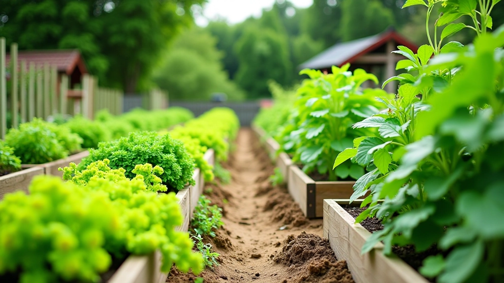 Community garden plot with various vegetables, people tending plants, green space with multiple raised beds
