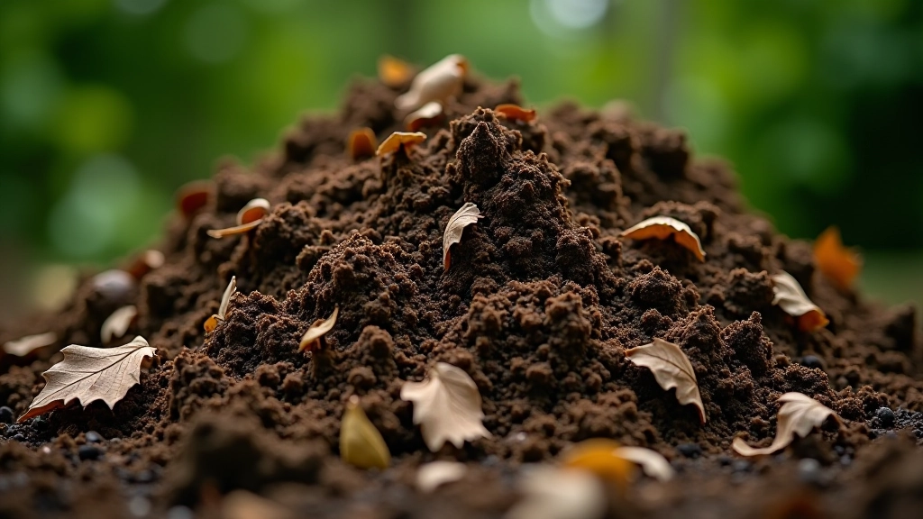 Compost bin with visible layers of brown and green materials in different stages of decomposition