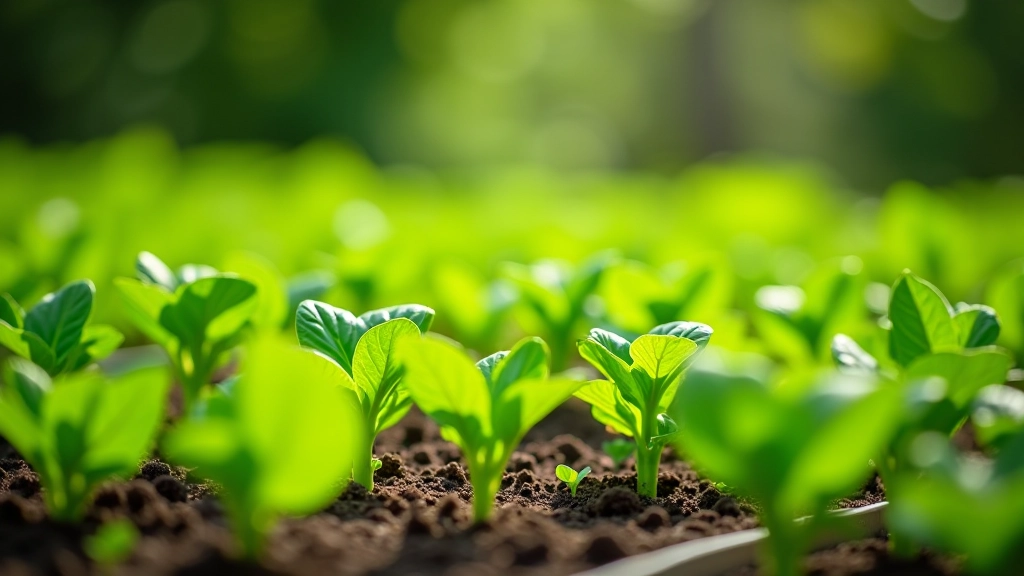 Young vegetable plants growing in organized community garden beds during early summer