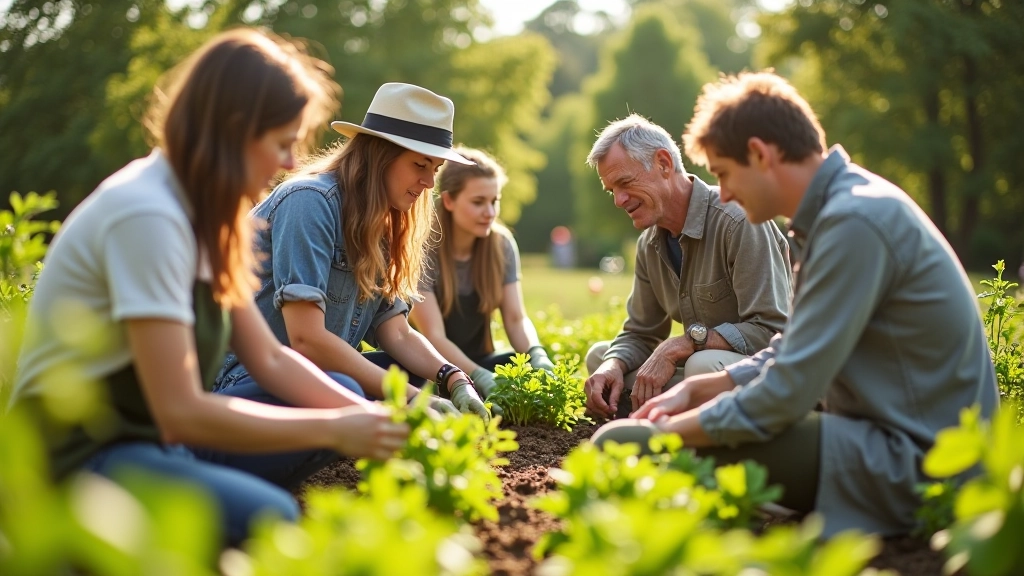 Group of gardeners working together in a community garden, sharing knowledge and tools