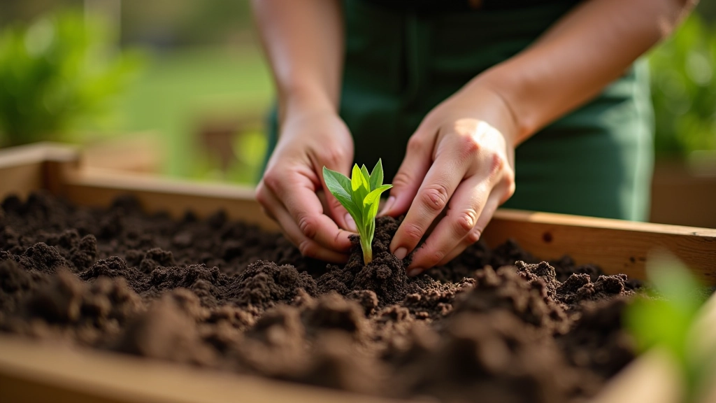 Close-up of hands planting seeds in raised bed garden