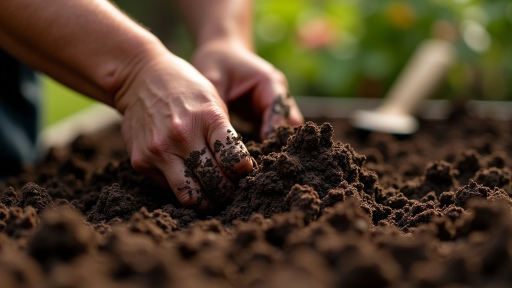 Hands mixing dark garden soil with compost in a raised bed, showing soil preparation
