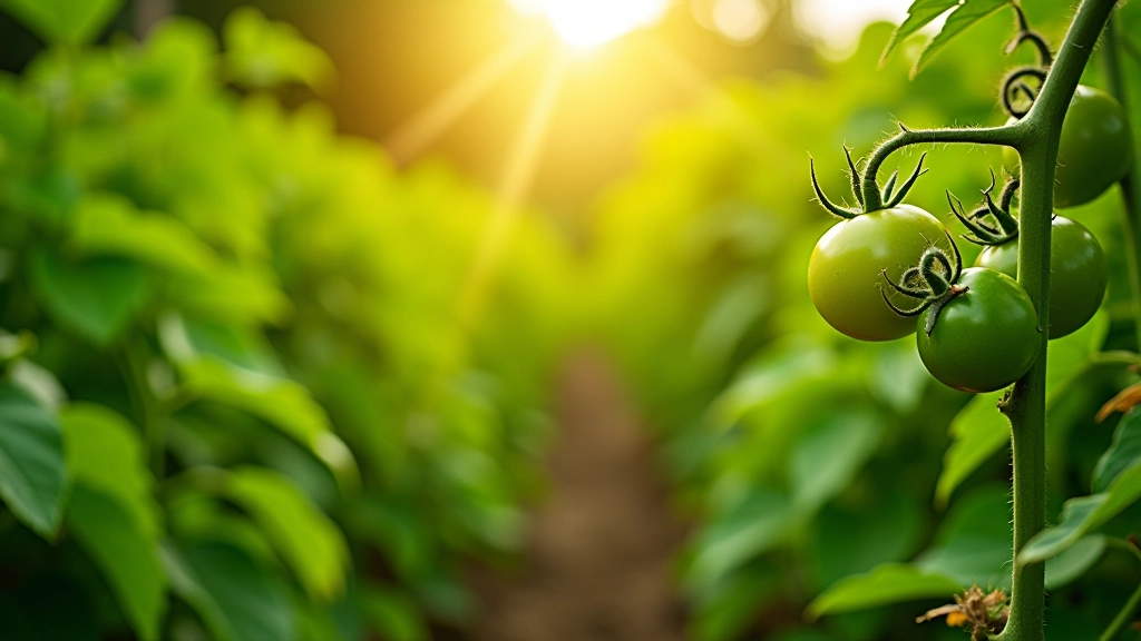 Summer garden with mature vegetable plants, tomatoes on vine, green foliage, warm afternoon sunlight casting shadows on soil