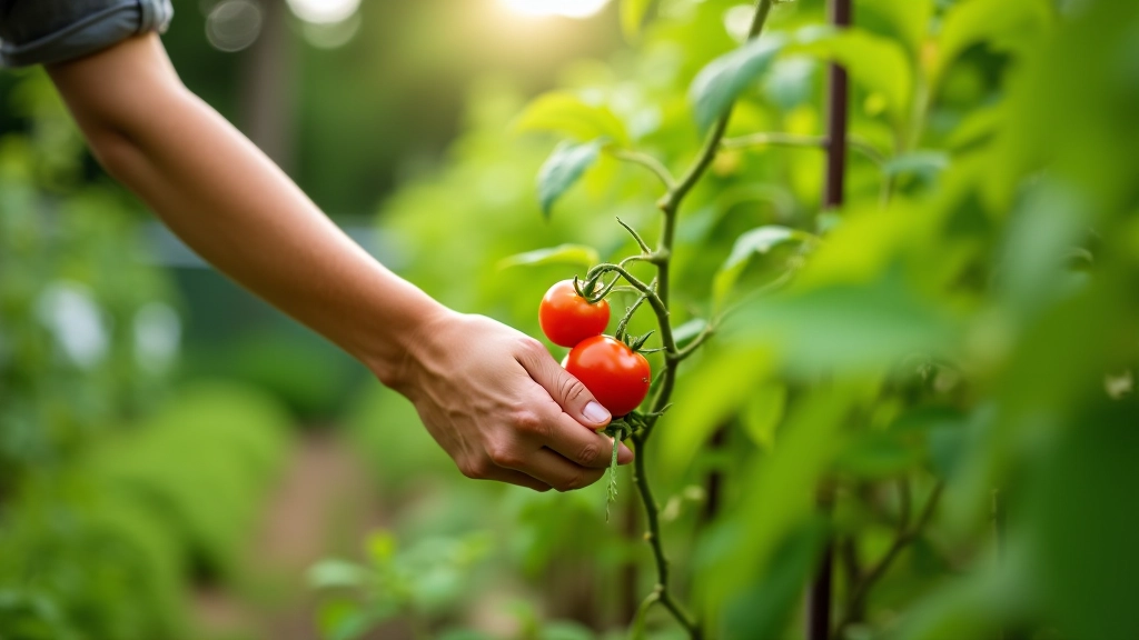 Gardener inspecting healthy vegetable plants in raised bed garden