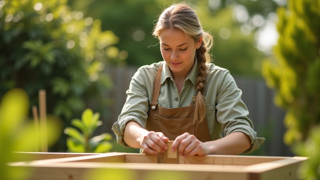 Person assembling wooden raised bed frame outdoors, using power drill to secure corner joints