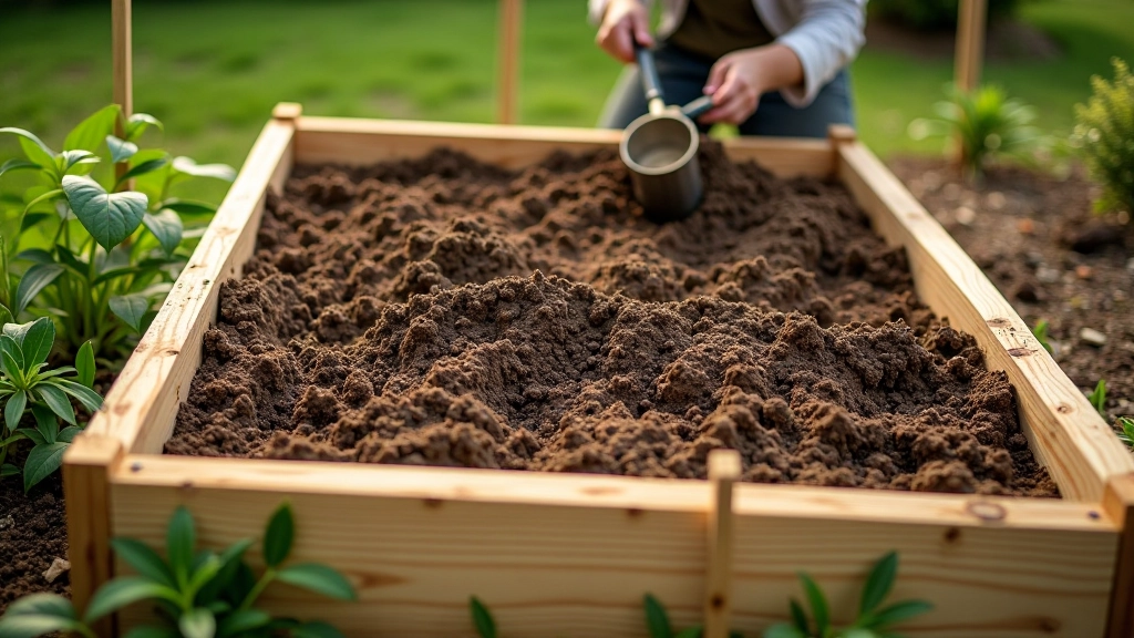 Raised bed garden construction with wood, soil, and tools