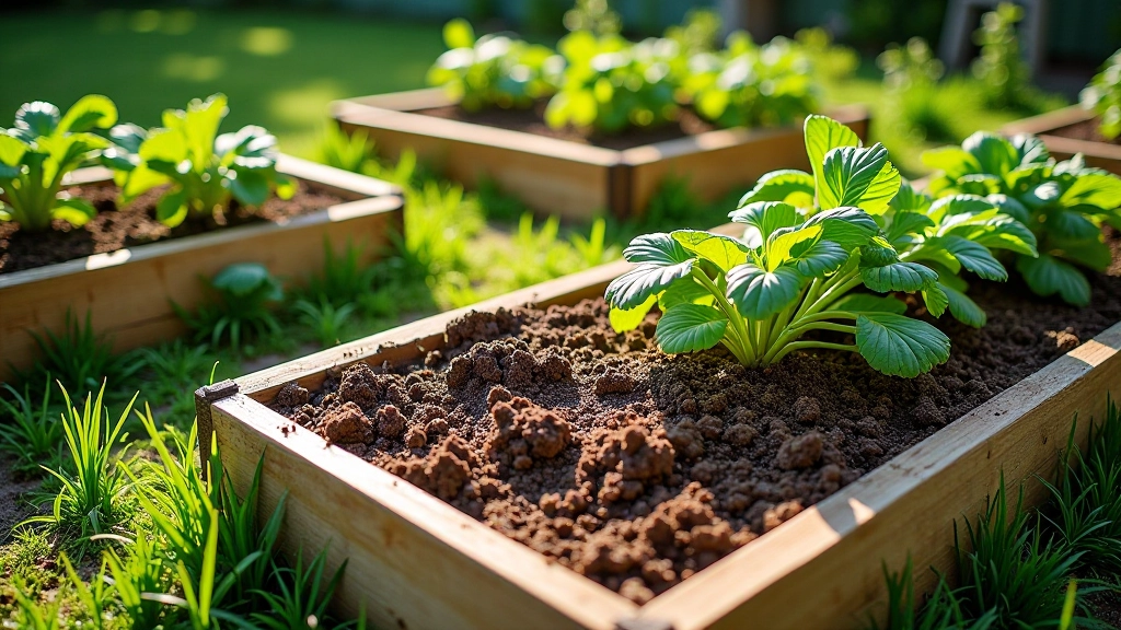 Raised garden beds filled with layered compost and soil in different stages
