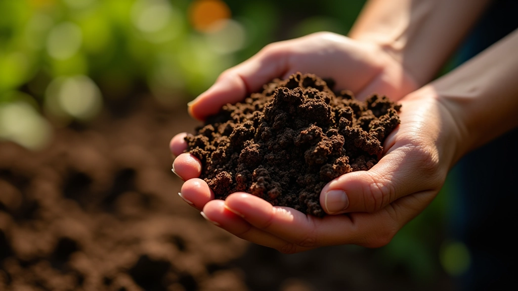 Close-up of soil texture in garden bed with organic matter and compost mixed in