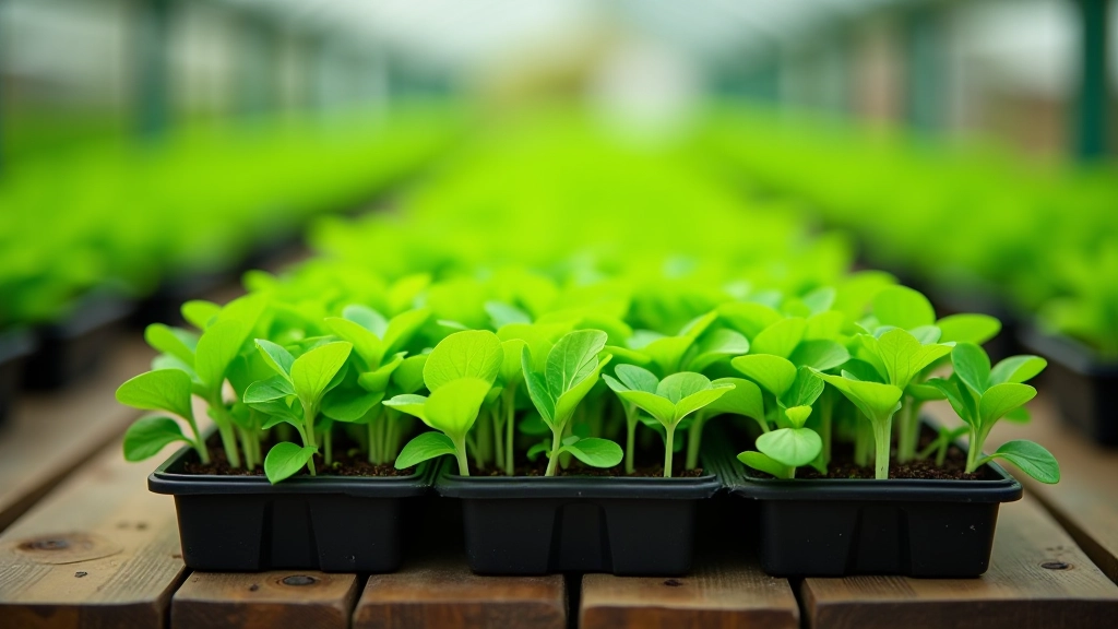 Seedling trays with green vegetable sprouts ready for transplanting into raised garden bed