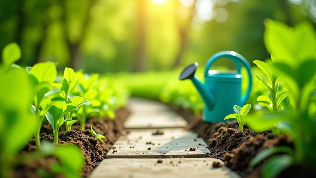 Spring garden with seedlings and young plants growing in organized rows