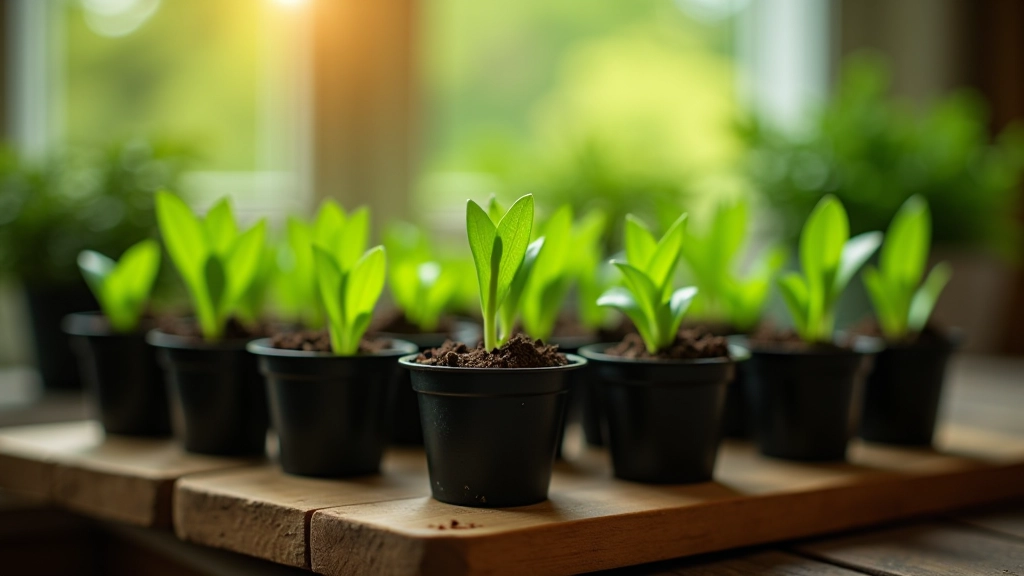 Spring seedlings in biodegradable pots on wooden table, morning sunlight through window, young green plants ready for transplanting