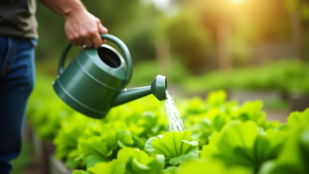 Watering can pouring water over mature vegetable plants in raised bed garden on sunny day