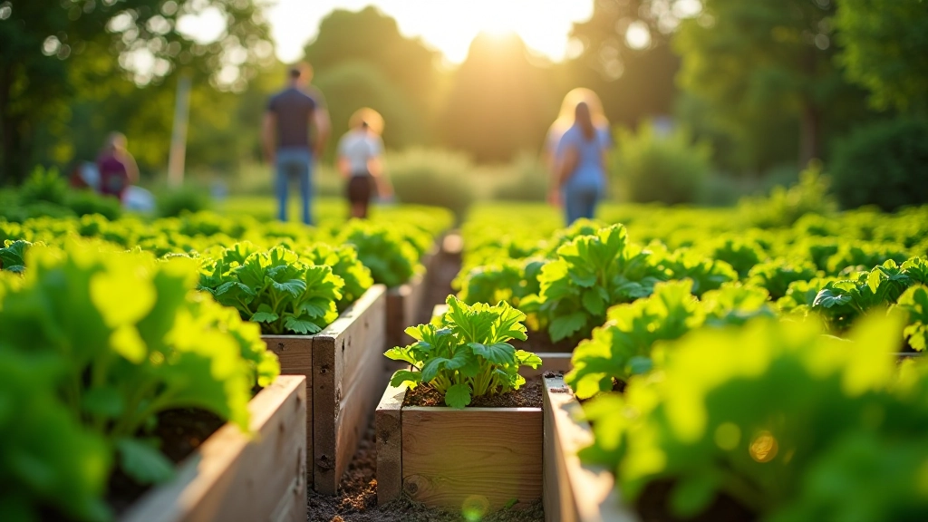 Community garden in Alytus with raised beds full of fresh vegetables and gardeners working