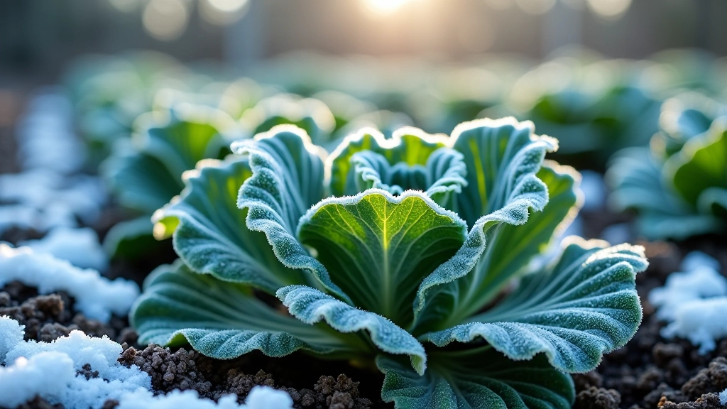 Winter garden with frost on kale leaves, cold morning light, snow on raised bed edges, dormant garden covered with mulch