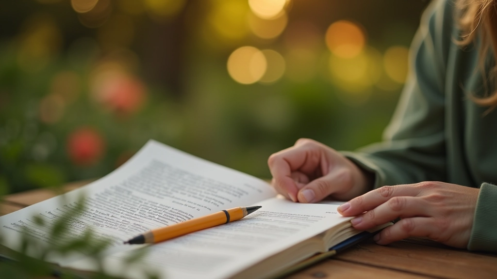 Person reading gardening guide and taking notes at a desk