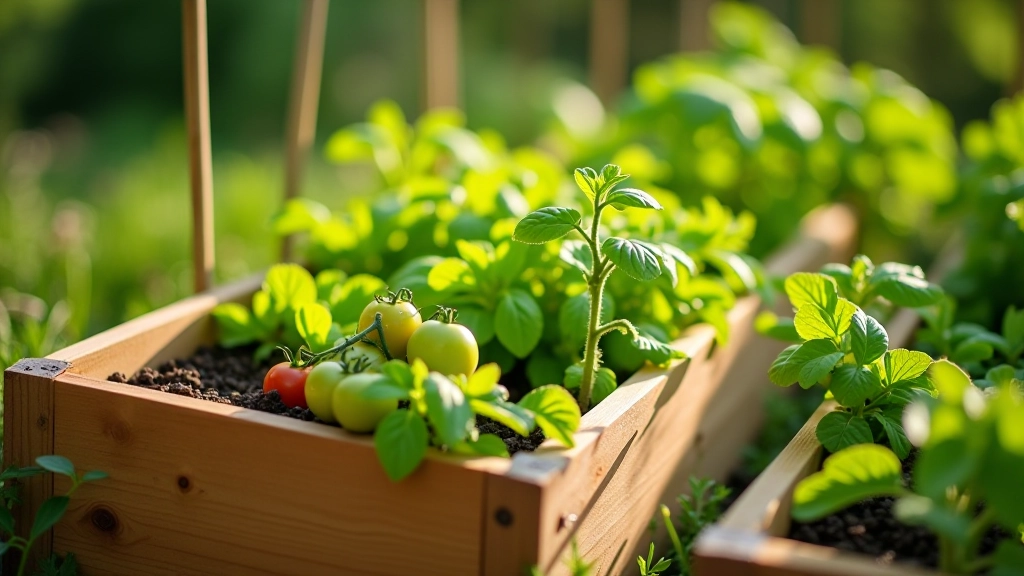 Raised garden beds with fresh green vegetables growing, wooden construction, morning sunlight
